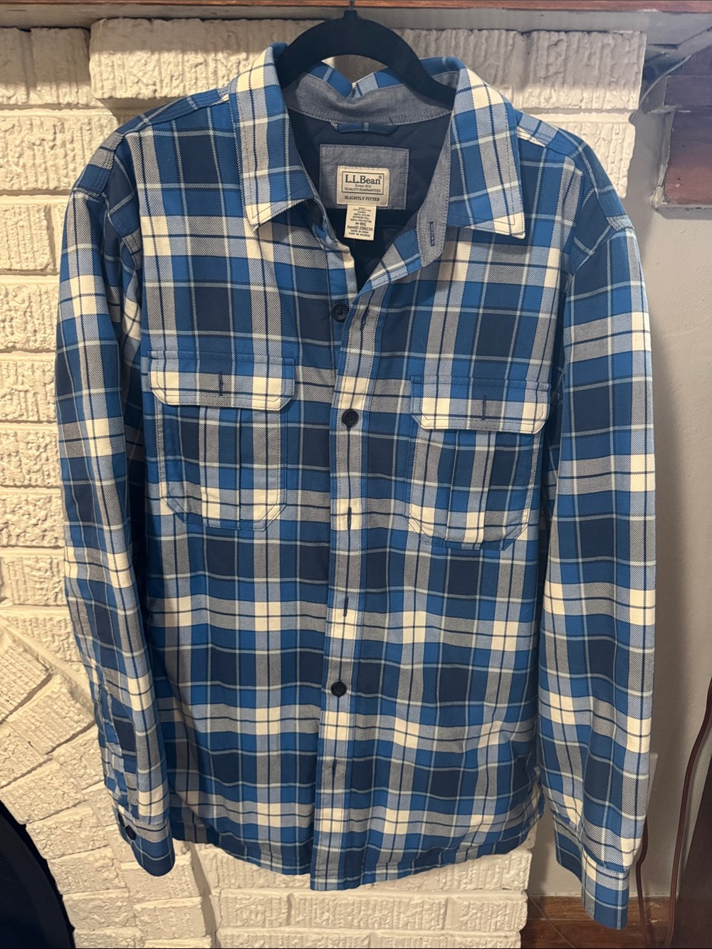 L.L. Bean Blue and White Plaid Quilted Shirt Jacket